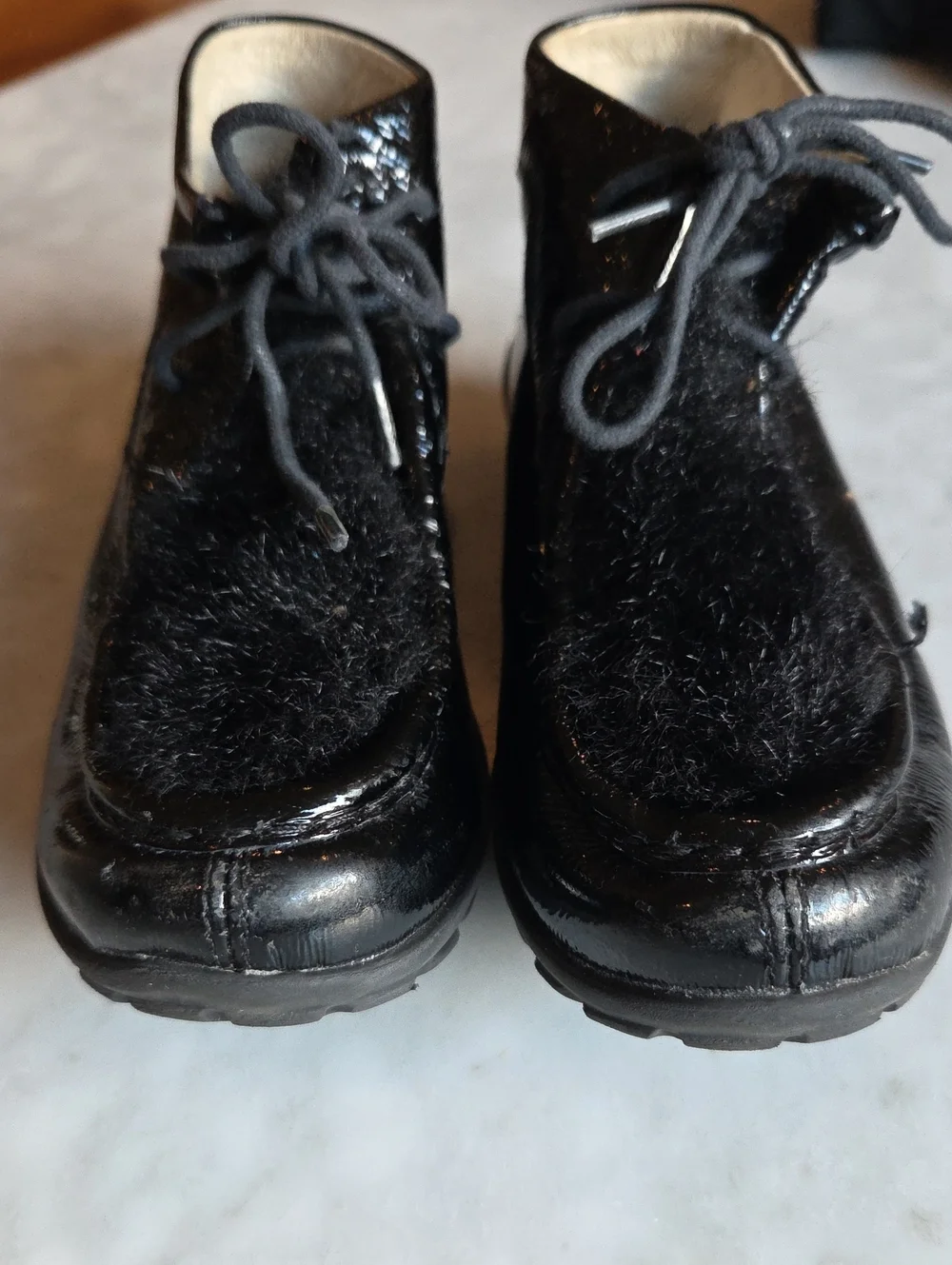 Villa Scarpa Lace-Up Patent Mini Boot with Faux Fur Trim